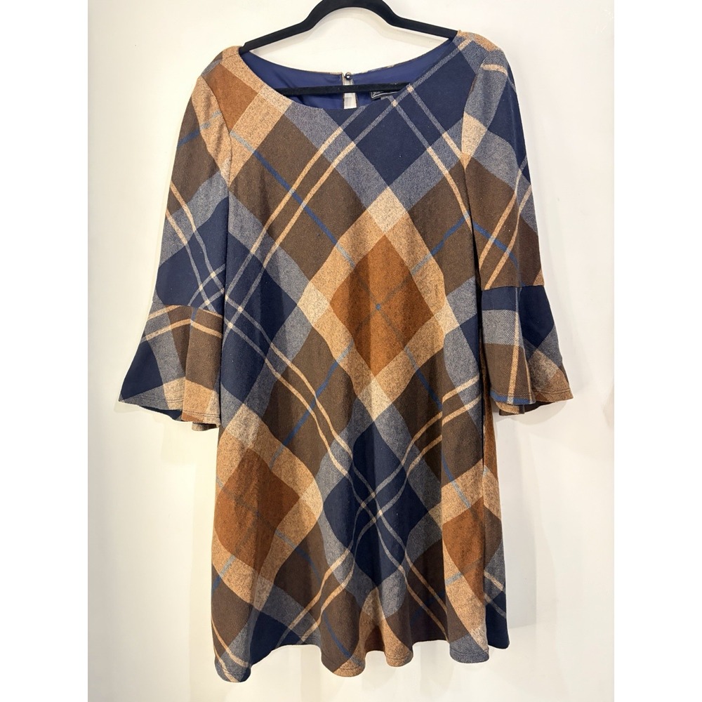 Jessica Howard XL Plaid A Line Dress Navy Brown Blue 3/4 Bell Sleeve Fall